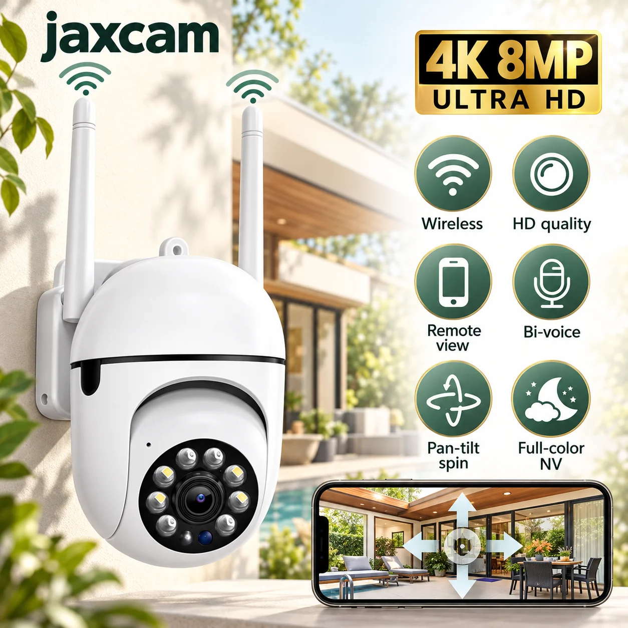 5MP WiFi Security Camera 2.4G Home Surveillance with PTZ IR Night Vision Motion Detection Child Monitoring 2 Antennas