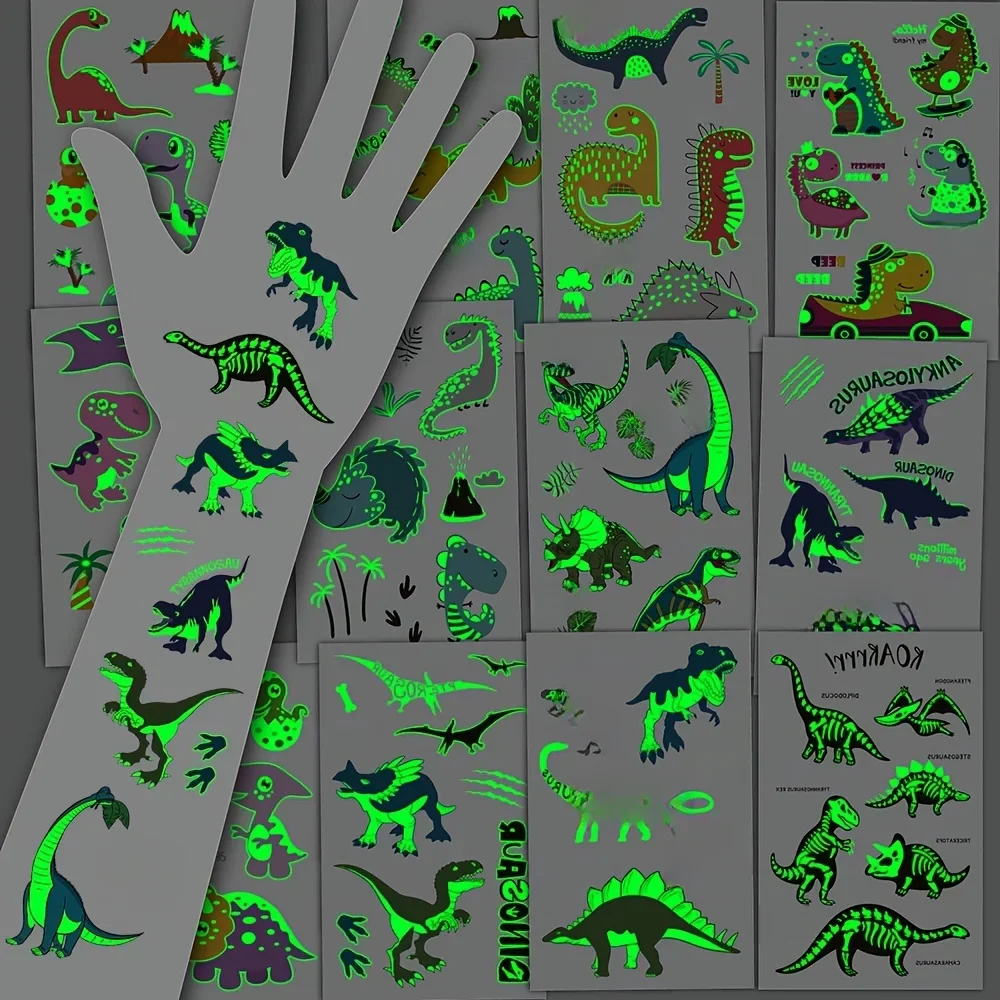 12 arkuszy Luminous dinozaur tymczasowe tatuaże dla chłopców Cute Cartoon Dino naklejki z tatuażami świecące tatuaże do ciała wodoodporny fałszywy tatuaż — zdjęcie 2