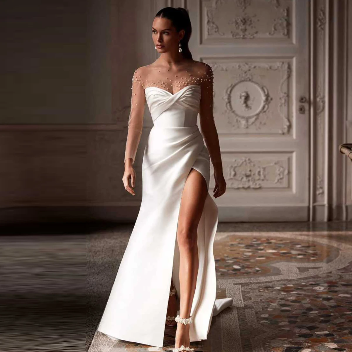 Exquisite Bead Mermaid Wedding Dress Sweetheart Lace Long Sleeve Button Front Split Applique Luxury Bridal Gown Customized
