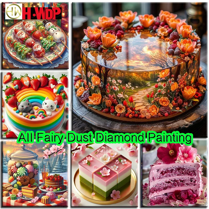 HWDP 100% Fairy Dust Diamond Painting Kits Cake Art Square Mosaic Embroidery Dessert Wall Art Diamond Art Full Crystal Decor