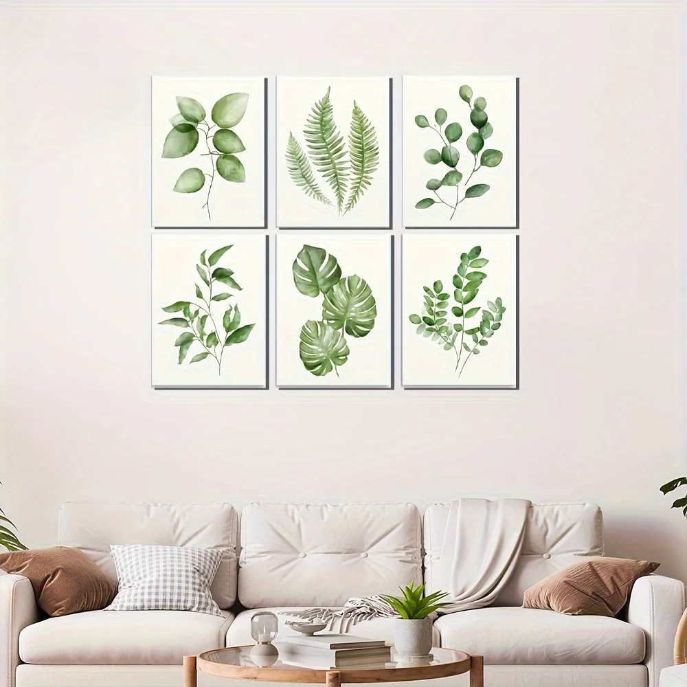 6pcs Botanical Canvas Wall Art Tropical Plant Green Leaves Eucalyptus Floral Posters, Print For Bathroom Kitchen Wall Decor - Un