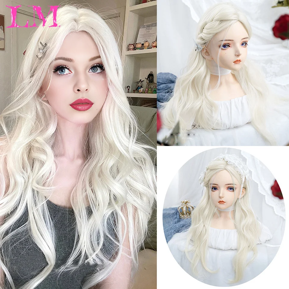 

LM Light Blonde Wave Hair Wig Synthetic Long Wavy Wigs with Bangs for Women Cosplay Natural High Temperature Fiber