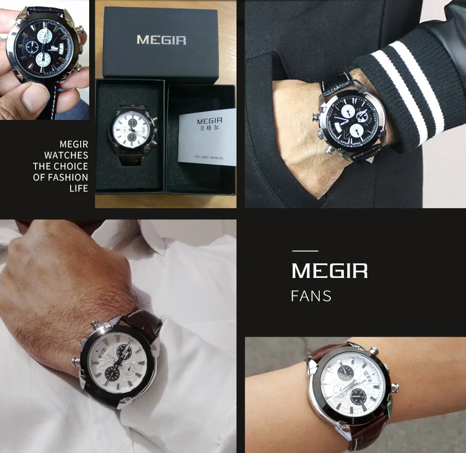 MEGIR Men Watches Original Fashion Leather Quartz Wristwatch Military Chronograph Big Dial Sports Clock Reloj Hombre 2020