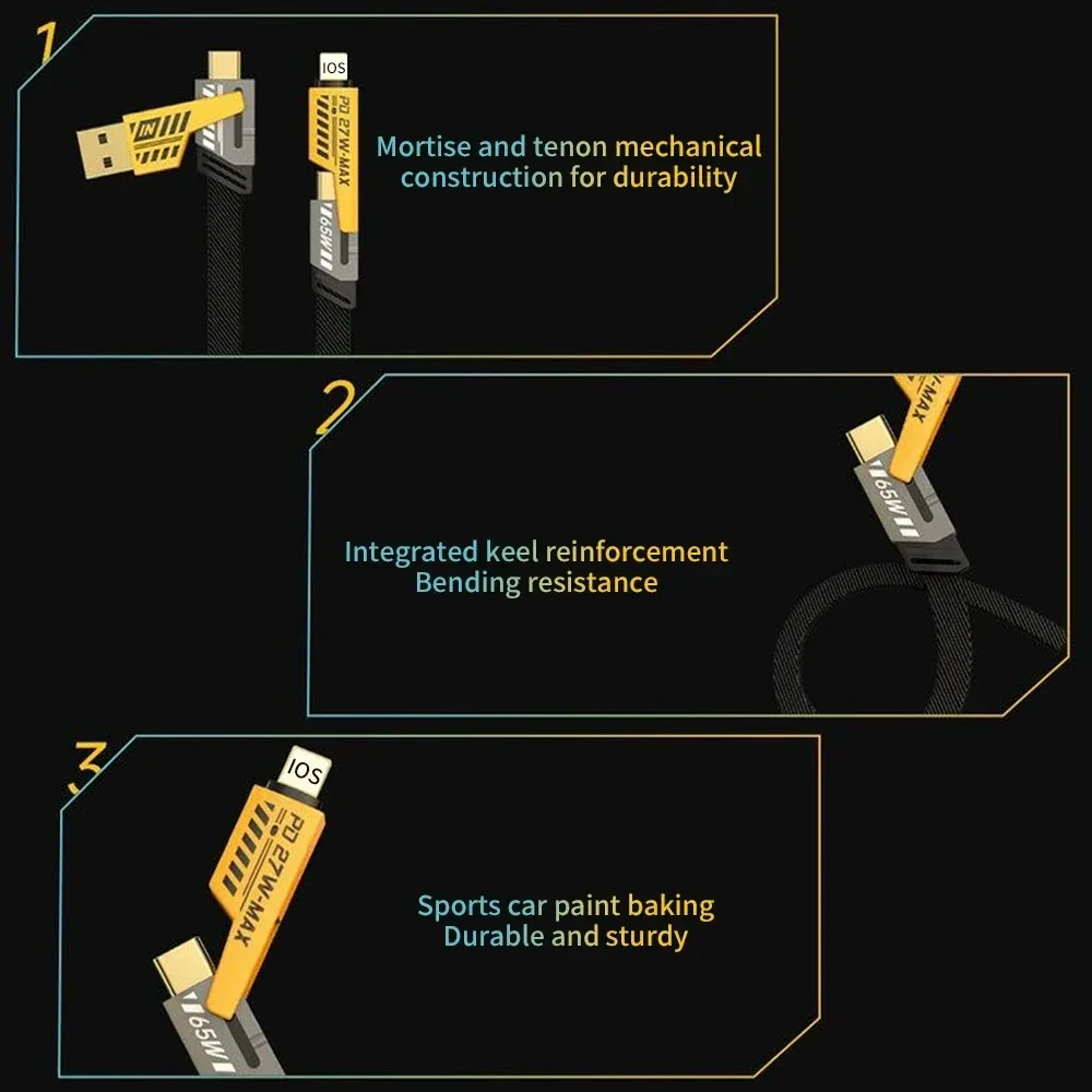 4 in 1 65W Fast Charging Cable USB Type C Cable Fast Charging Data Cord For iPhone Samsung Huawei Xiaomi Phone Charger USB Cable