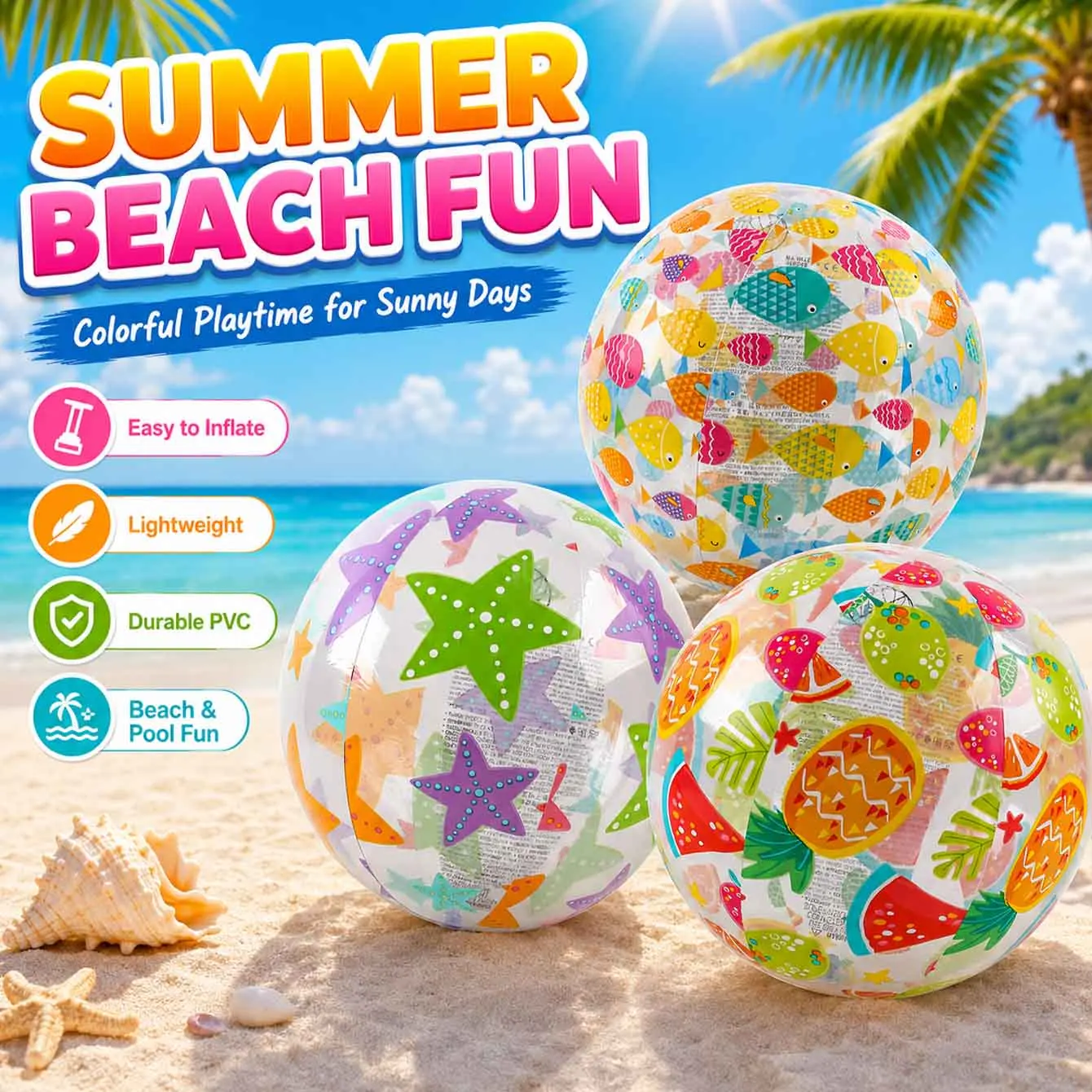 1 Stück Aufblasbarer Strandball Transparenter PVC-Poolball mit Tropischen Früchten, Fischen und Seesternen Bedruckt Strand-Wasserspielzeug