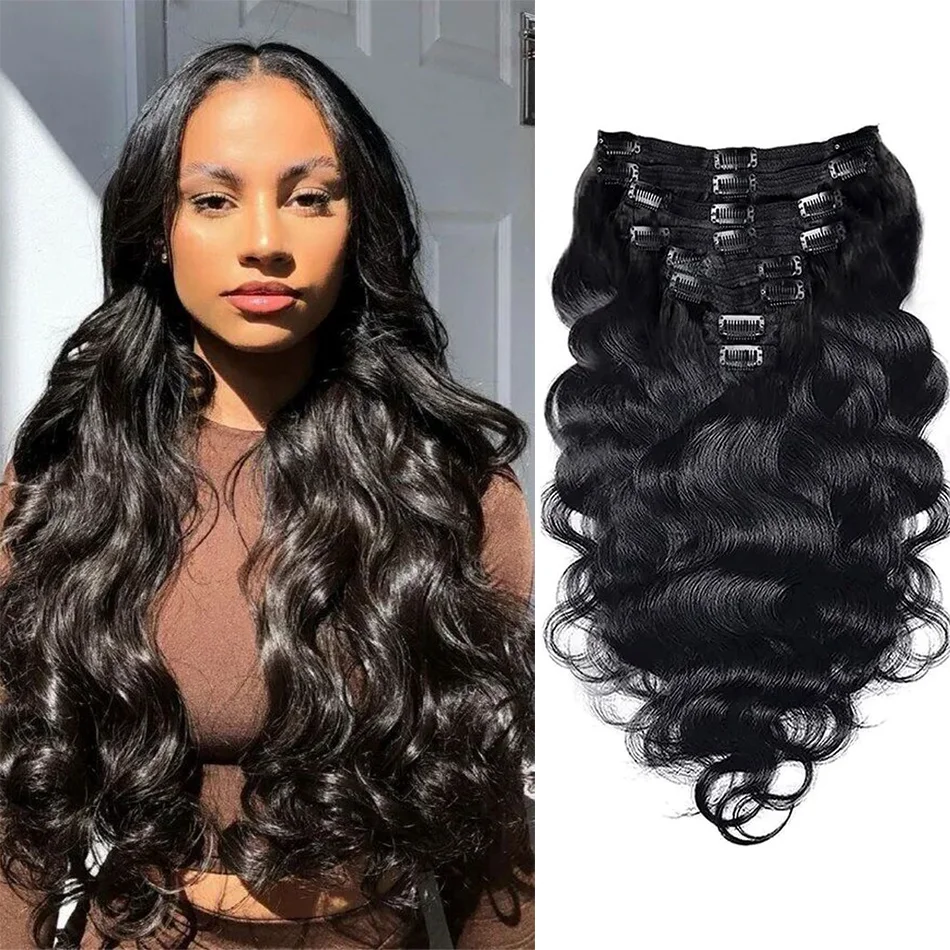 120G Hair Extension Long Wavy 18 Clips Black 100% Real Human Hair Body Wave 8Pcs/Set Heat Resistant Fiber Hairpiece  For Women