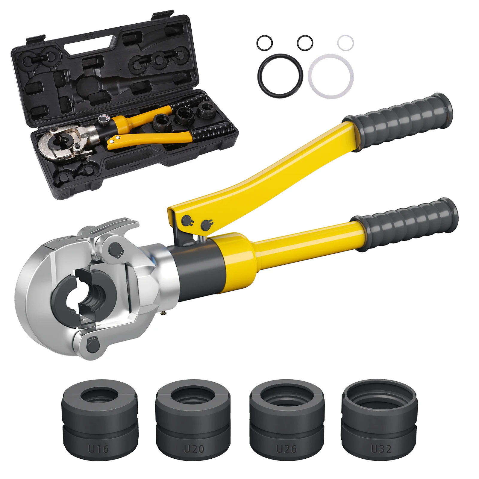 Ferramenta de friso hidráulica da imprensa da tubulação de pex pb de 8 toneladas com 4 matrizes em forma de u 16/20/26/32mm ferramenta de friso de acessórios de tubulação de alumínio-plástico