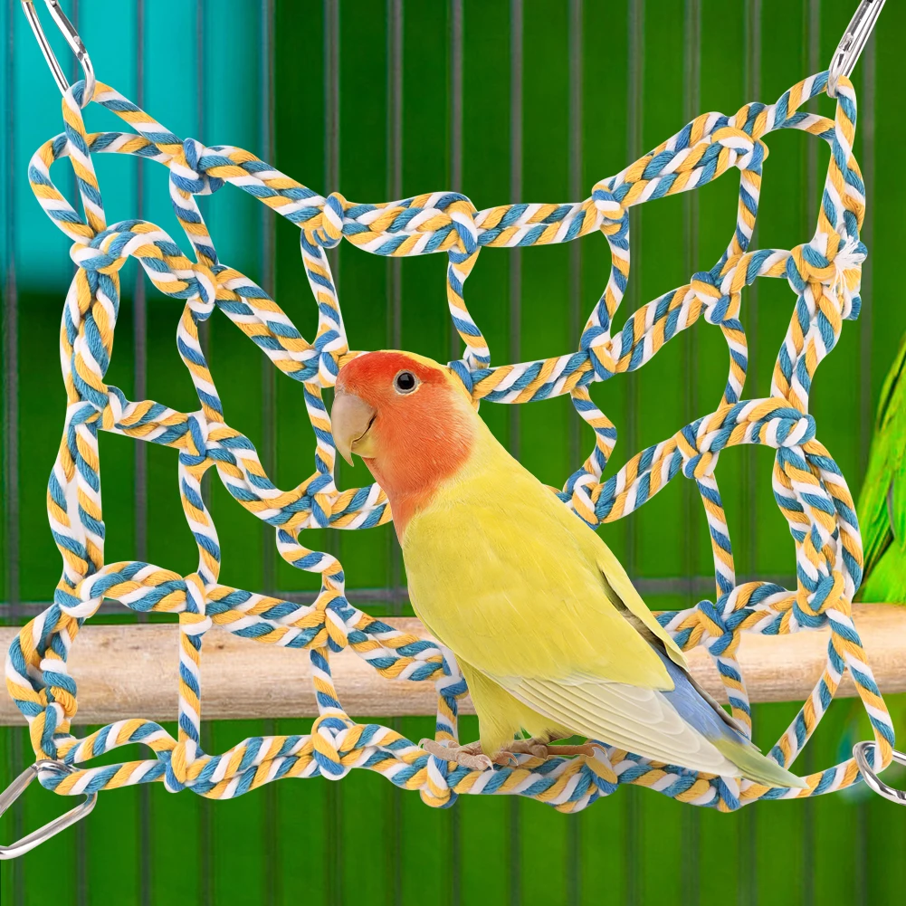 Parrot Toys Colorful Woven Climbing Net with 4 Hooks, Bird Hanging Swing Net, Rat Cotton Hammock Rope for Bird, Parrot