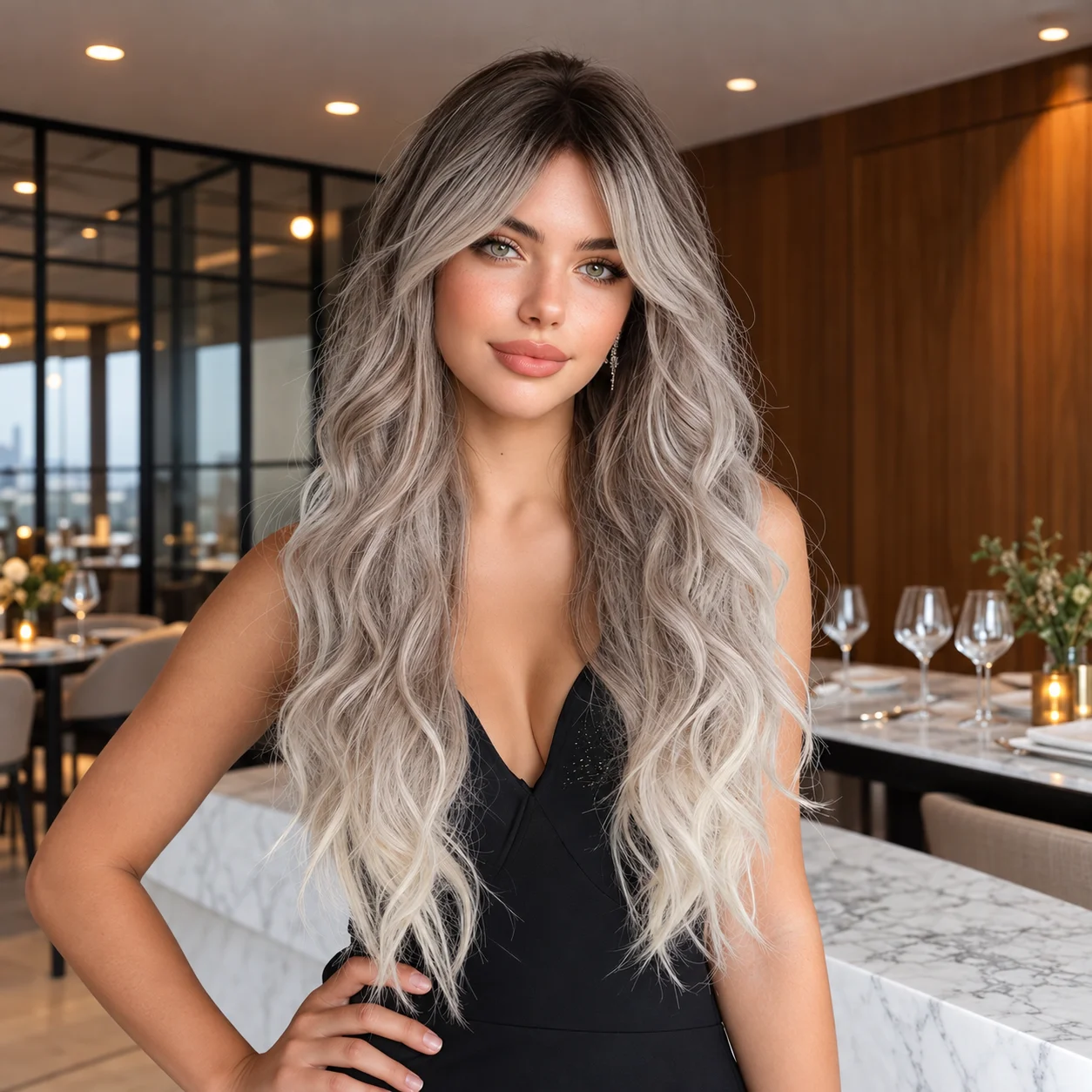 26 Inches Long Wave Ombre Ash Blonde Wig with Dark Roots Balayage Ash Blonde Synthetic Wig with Curtain Bangs Heat Resistant Fiber Halloween Wig for Girls Ombre Platinum Blonde Curly Wig Suitable for Cosplay and Costume Party