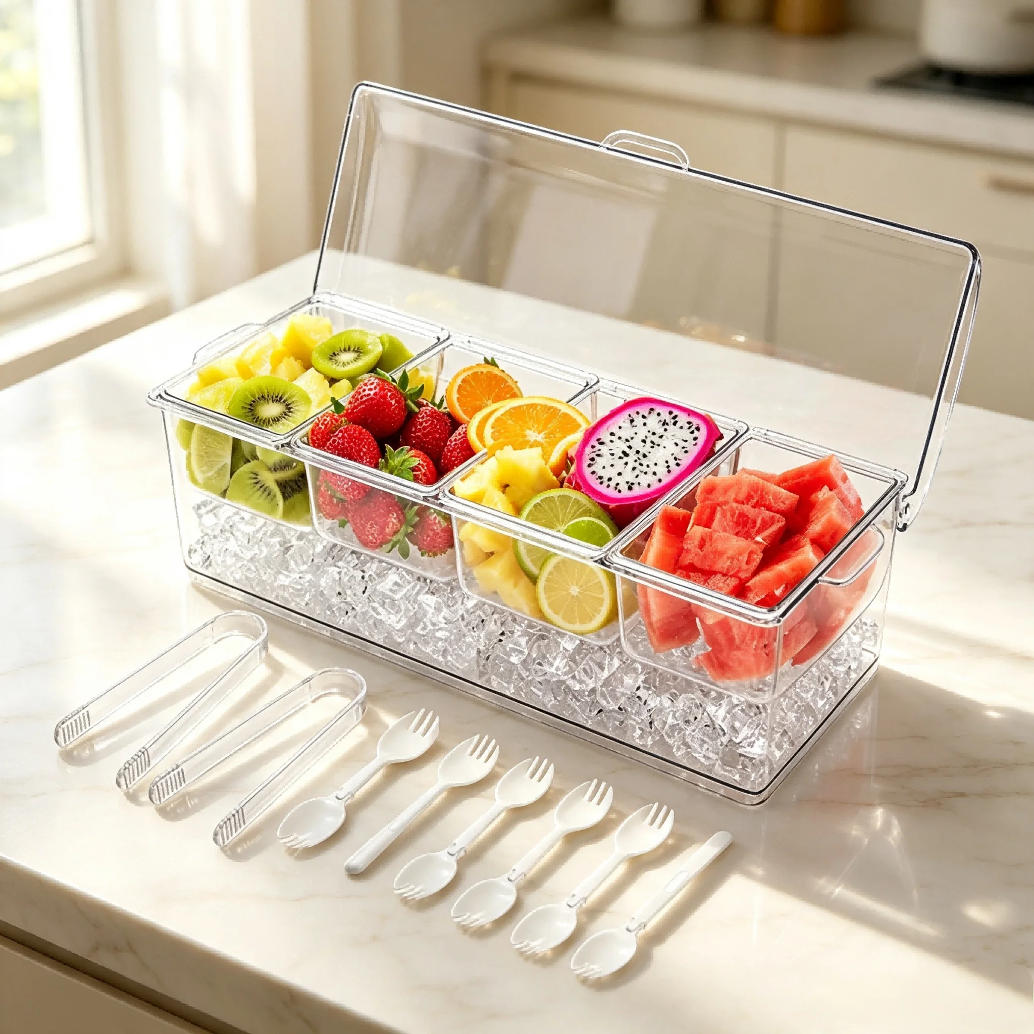 5 Compartment Detachable PET Condiment Organizer Box With Large Bottom Ice Chamber, Hinged Dust Cover & Side Carry Handles, Multi-grid Transparent Container For Bar Cocktail Prep, Outdoor Picnic Arrangement And Kitchen Fruit Sorting