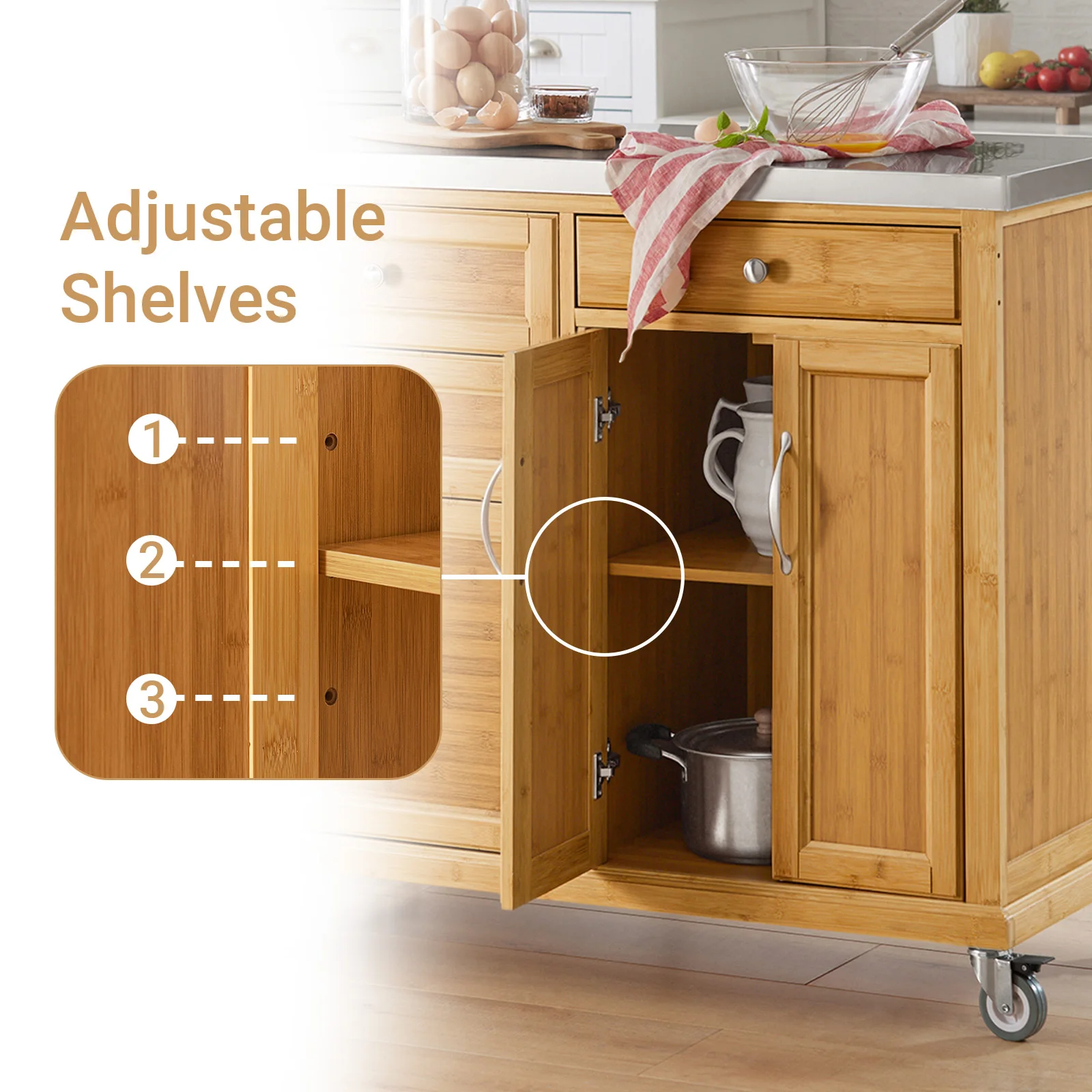 SoBuy FKW70-N Kücheninsel auf Rollen mit Edelstahl-Arbeitsplatte und Schubladen, Barwagen Natur 115x92x46cm – Detail 7