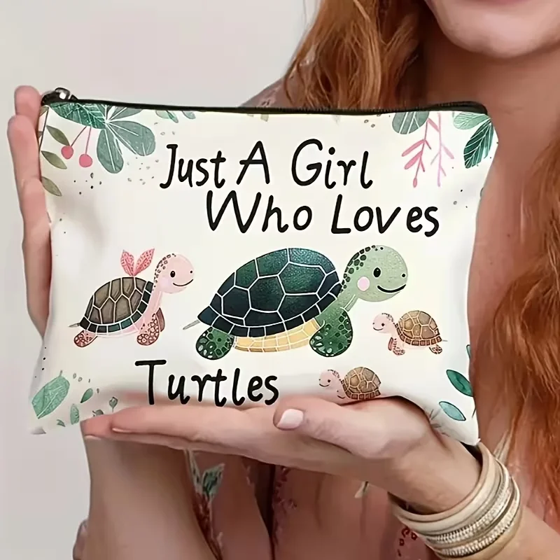 1Pc Cute Turtle Retro Design Makeup Bag, Fashionable Toiletry Bag, Snack Storage Bag, Stationery Storage Bag, Canvas Double-Sided Printed Travel Bag