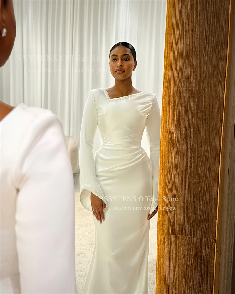 SSYTENS Vestido de Novia Árabe con Cuentas y Perlas, Modesto, Personalizado, de Satén Blanco Marfil, Mangas Largas, Vestido de Novia Musulmán, Robe De Mariée
