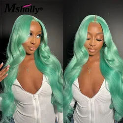 Mint Green Body Wave Human Hair Wigs 13x4 Lace Frontal Wigs Preplucked Green Colored 180 Density Natural Remy Human Hair Wigs