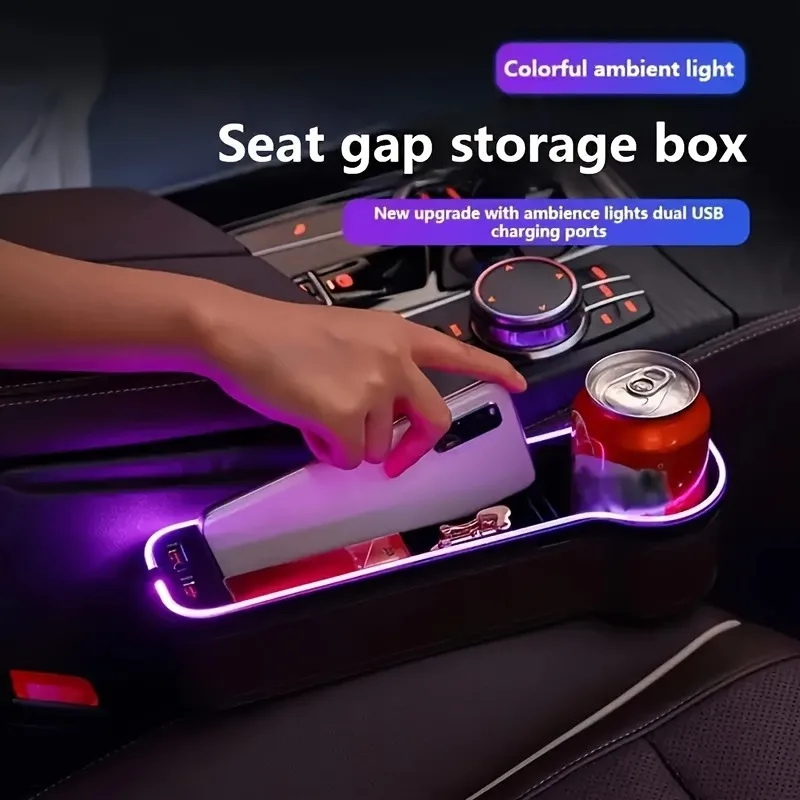 Car Seat Gap Storage Box, Phone Holder Charger, Miscellaneous Organizer, LED Ambient Lighting Car Seat Gap Organizer