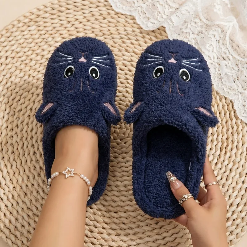 Women'S Plush Slip-On Slippers with Cat Design - Soft Plush Fabric, Cozy Indoor House Shoes for Spring & Fall, Cute Cartoon Kitty Home Slippers, Cute Slippers, Casual Footwear, Playful Footwear, Comfortable Lining, Comfy Footwear, Casual Wear - view 8