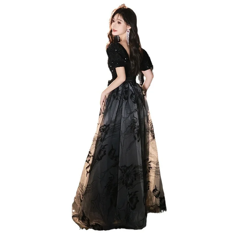 Black sequined evening dress niche dress birthday host performance long dress