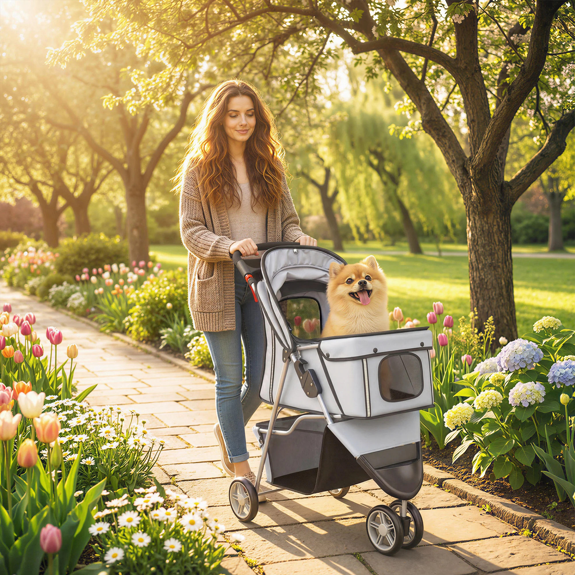 Poussette pliable 4 roues pour animaux de compagnie, chariot pour chien et chat, avec fenêtres en maille et panneaux respirants, porte-gobelet, poignée ergonomique, sangle de sécurité intérieure, cadre métallique léger, pour promenades en extérieur, courses, voyages, transport d'animaux