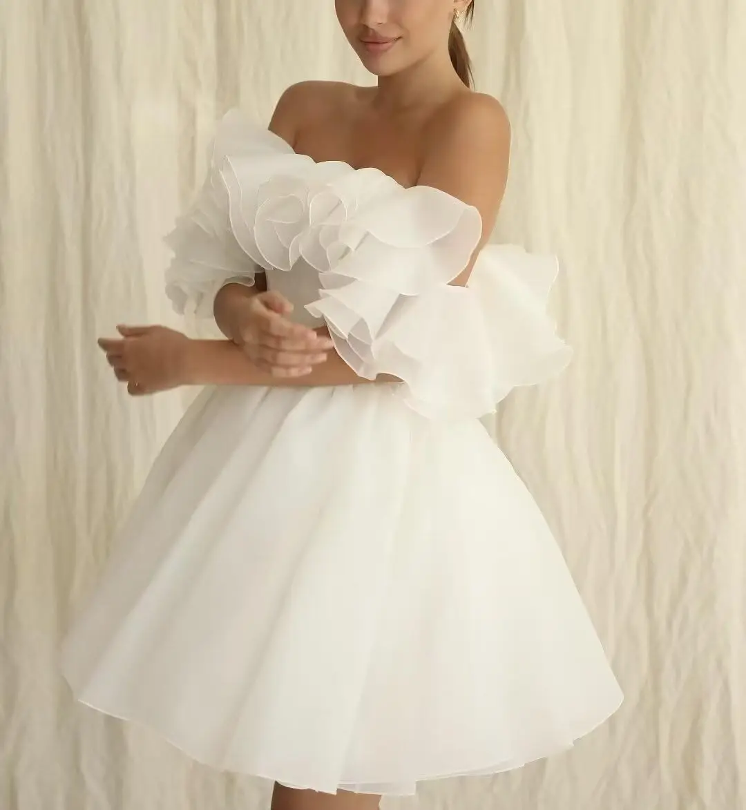 Robe de mariée courte en organza A-Line Off-The-Initiated, mini-zones plissées, dentelle au dos, robes de Rh