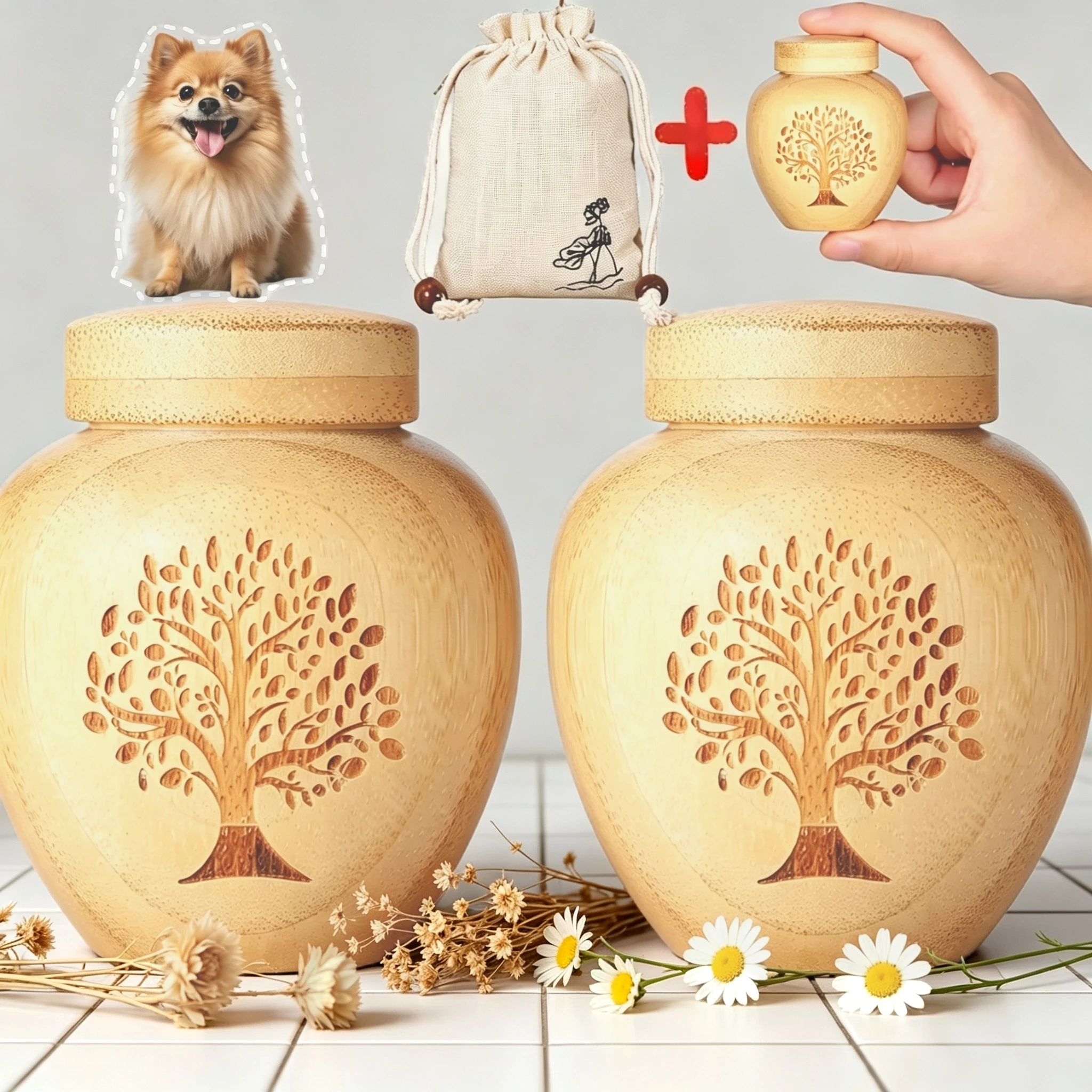 Urne funéraire en bambou G14, motif Arbre de Vie, avec filetage, pour cendres d'animaux de compagnie (chien, chat) ou d'êtres chers (humains), souvenir funéraire