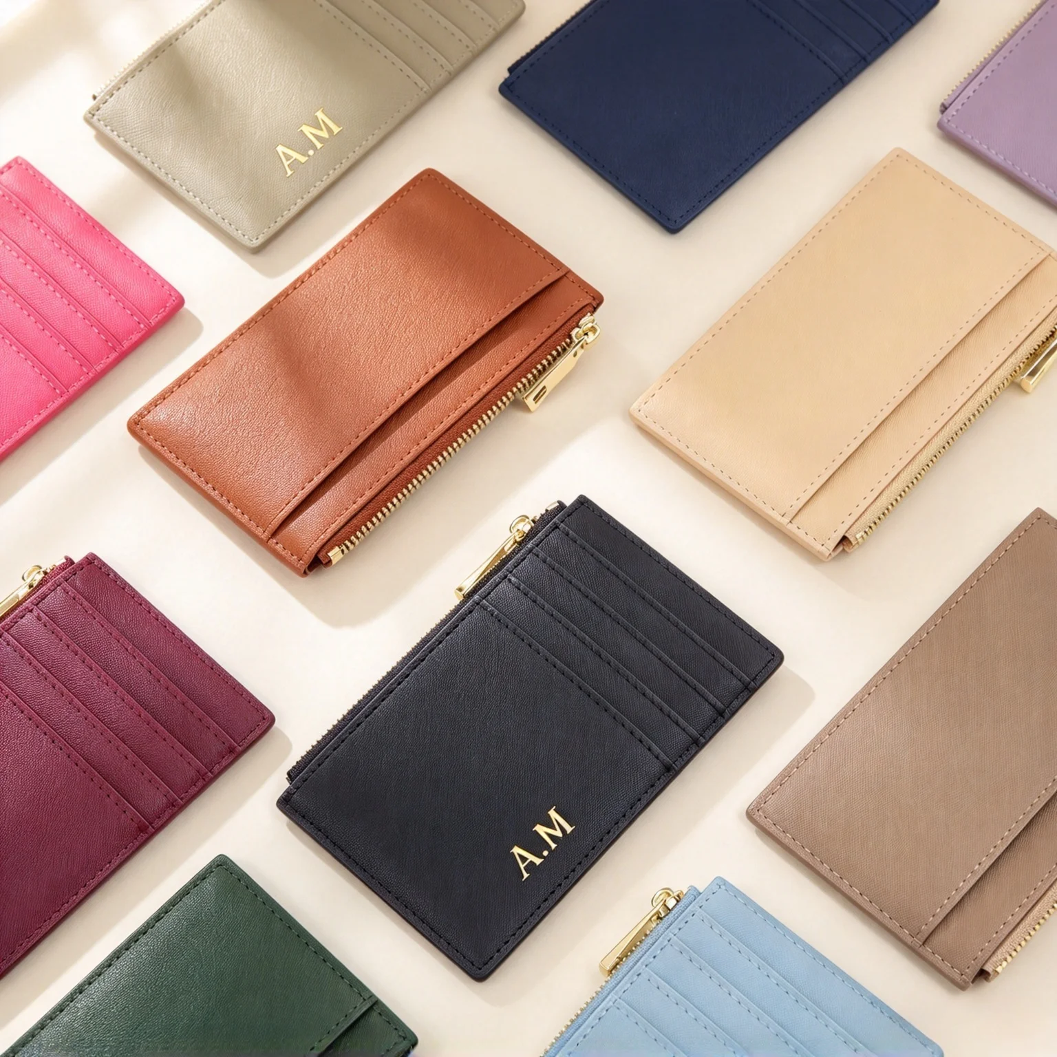 Custom Name Saffiano Leather Zip CardHolder Multiple Colors Slim Coin Pocket Drop Shipping Small Women Credit Card Wallet