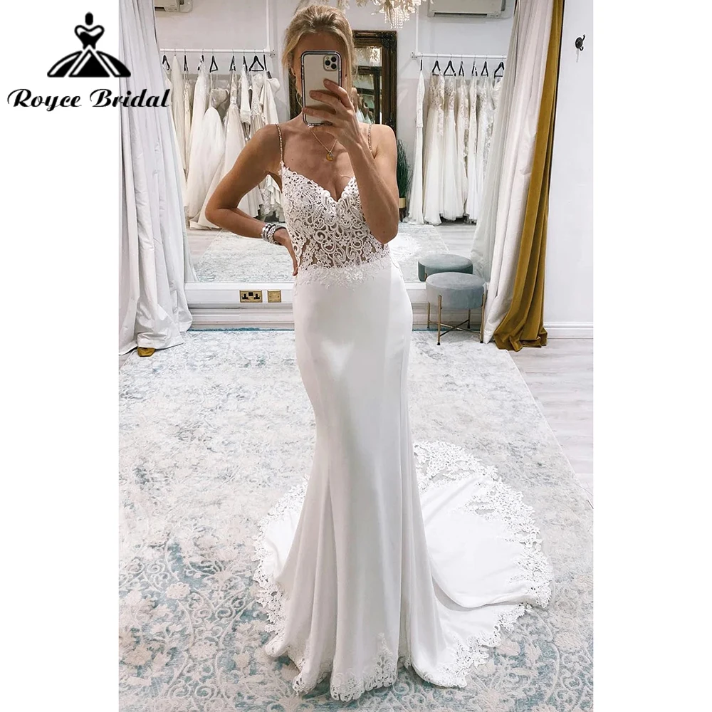 Sexy V Neck Spaghetti Straps Open Back Button Lace Satin Mermaid Wedding Dress Boho Bridal Gown Sweep Robe De Mariée Vestidos De