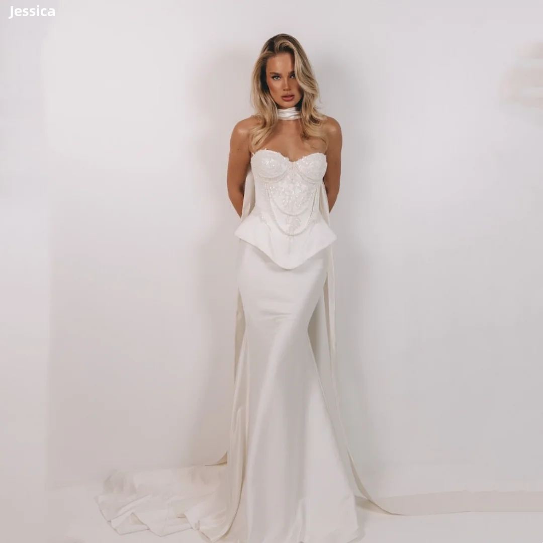 

Jessica Gorgeous White Evening Dresses Glitter Embroidery Pearl Luxury Prom Dresses Satin Corset Vestidos De FiestaCustomized