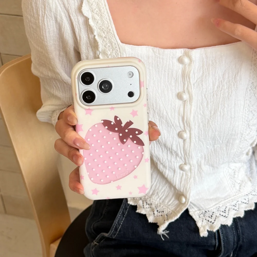 Korean Ins Cute Hollow Strawberry Dot Print Phone Case For iPhone 17Pro 14 15 16 17 Pro Max 15 Pro 13 Sweet Girly Anti-Fall Case