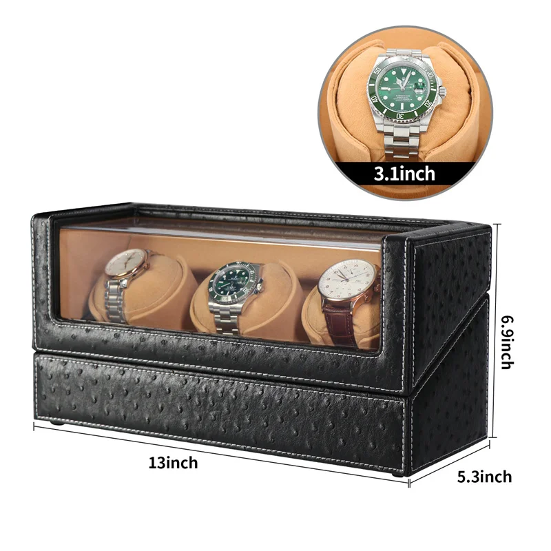 

2022 Ostrich PU Leather Automatic Watch Winder Luxury 3 Motor Quad For 3 Watch Display Watch Box