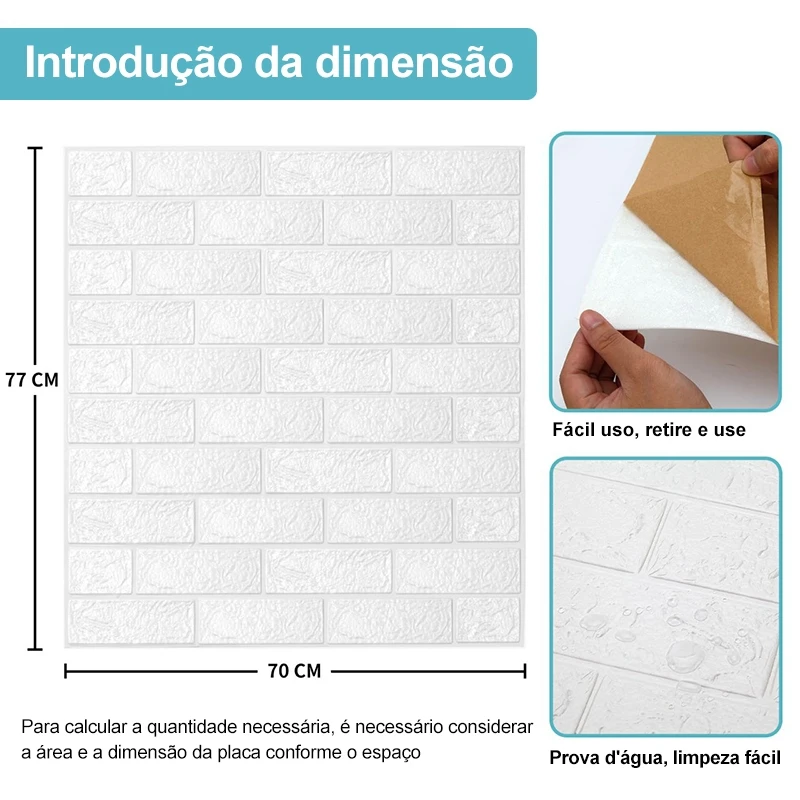 Kit com 10 unidades de placas de papel 3D Auto Adesivo para Parede, 70x77 cm, Espessura 3mm, Estilo Tijolo, Espuma Impermeável