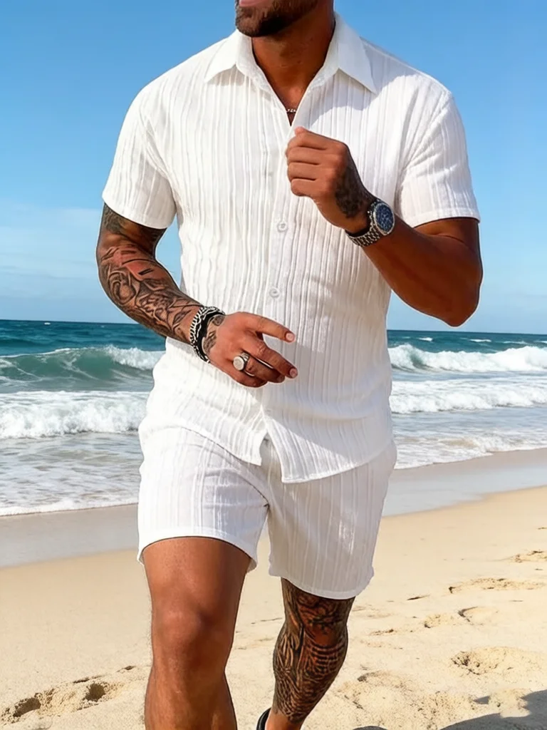 

New Summer Men's casual daily outdoor travel solid color jacquard lapel short-sleeved Shirt drawstring Shorts two-piece Set