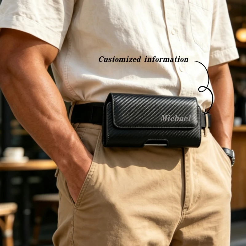 Customizable Phone Waist Bag, Carbon Fiber Pattern PU Magnetic Flap Holster With ID Card Slot, Belt Pouch For Outdoor Hiking