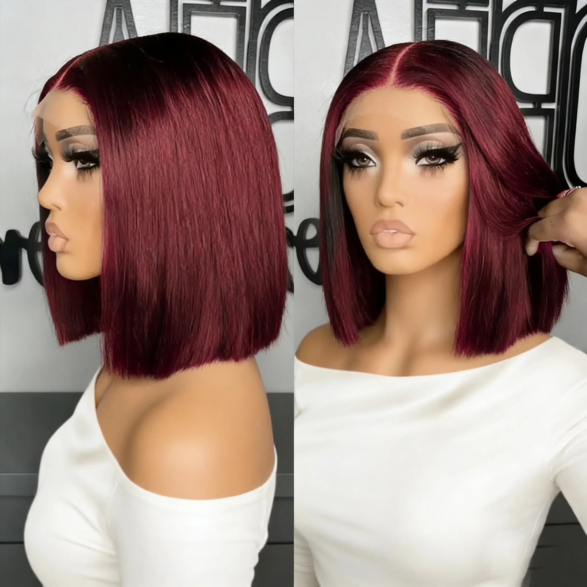 99J Color Bob Wig Human Hair 13x4 HD Lace Frontal Short Straight Lace Front Bob Wigs for Black Women Human Hair Pre Plucked 200% Density Wine Red 99J Burgundy Color 14 Inch - view 2