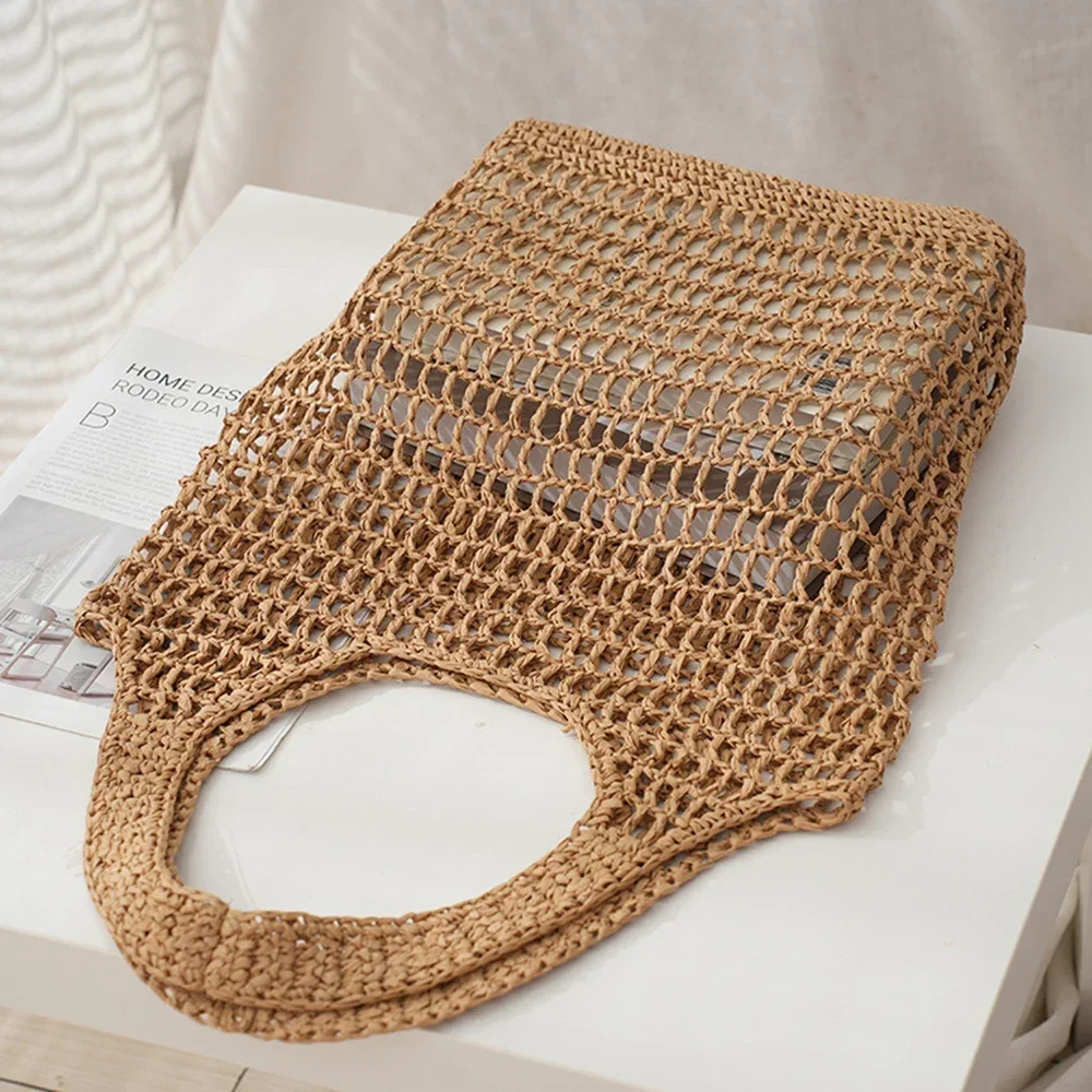 Beach Straw Bags Women Fashion Summer Shoulder Bag Female Hollow Handwoven Soft Handbag Large Casual Tote Simple Storage Bag