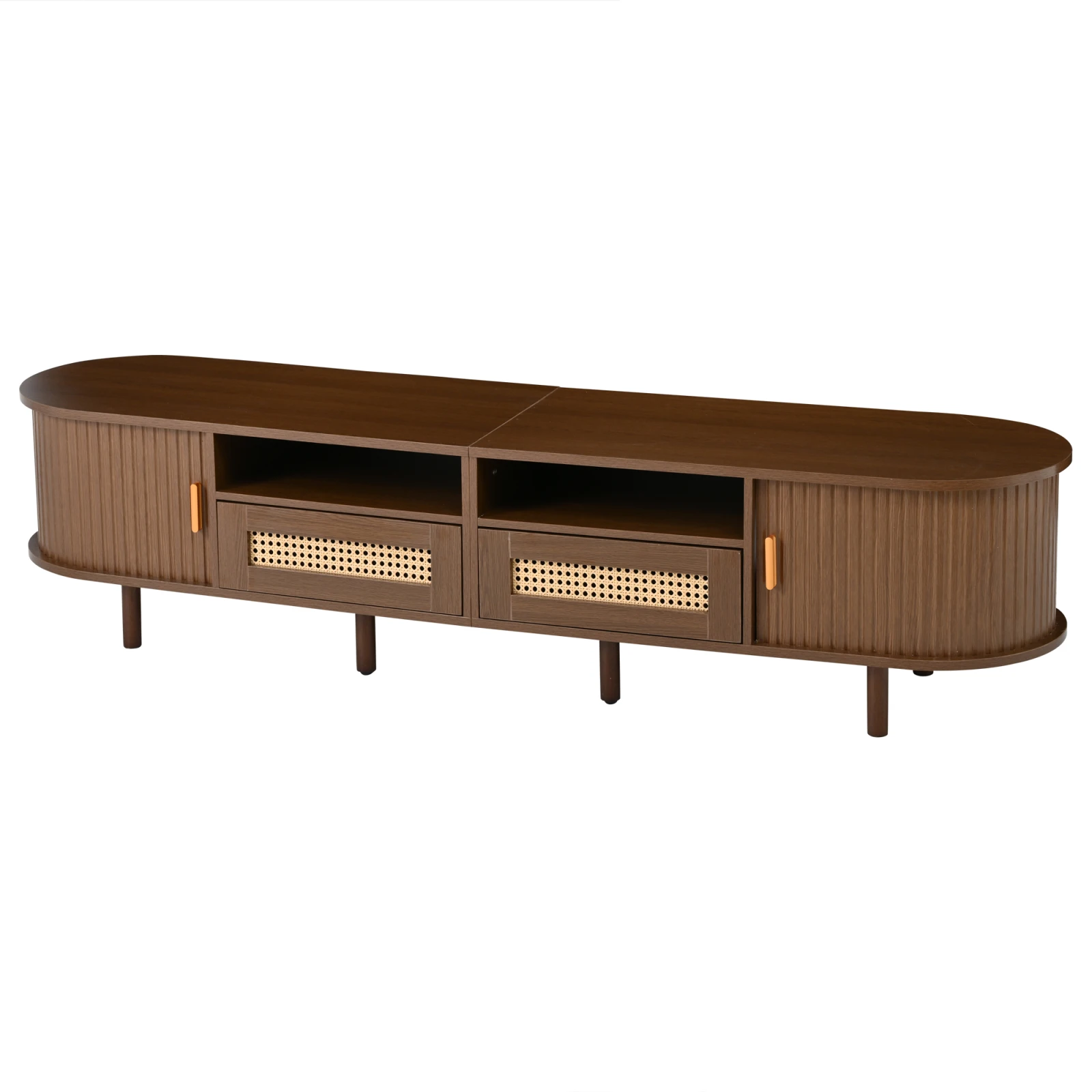 Superaly 170 x 40 x 40 cm tv-meubel, tv-standaard met 2 lades in rotan-stijl en 2 schuifdeuren, lowboard, walnootkleur