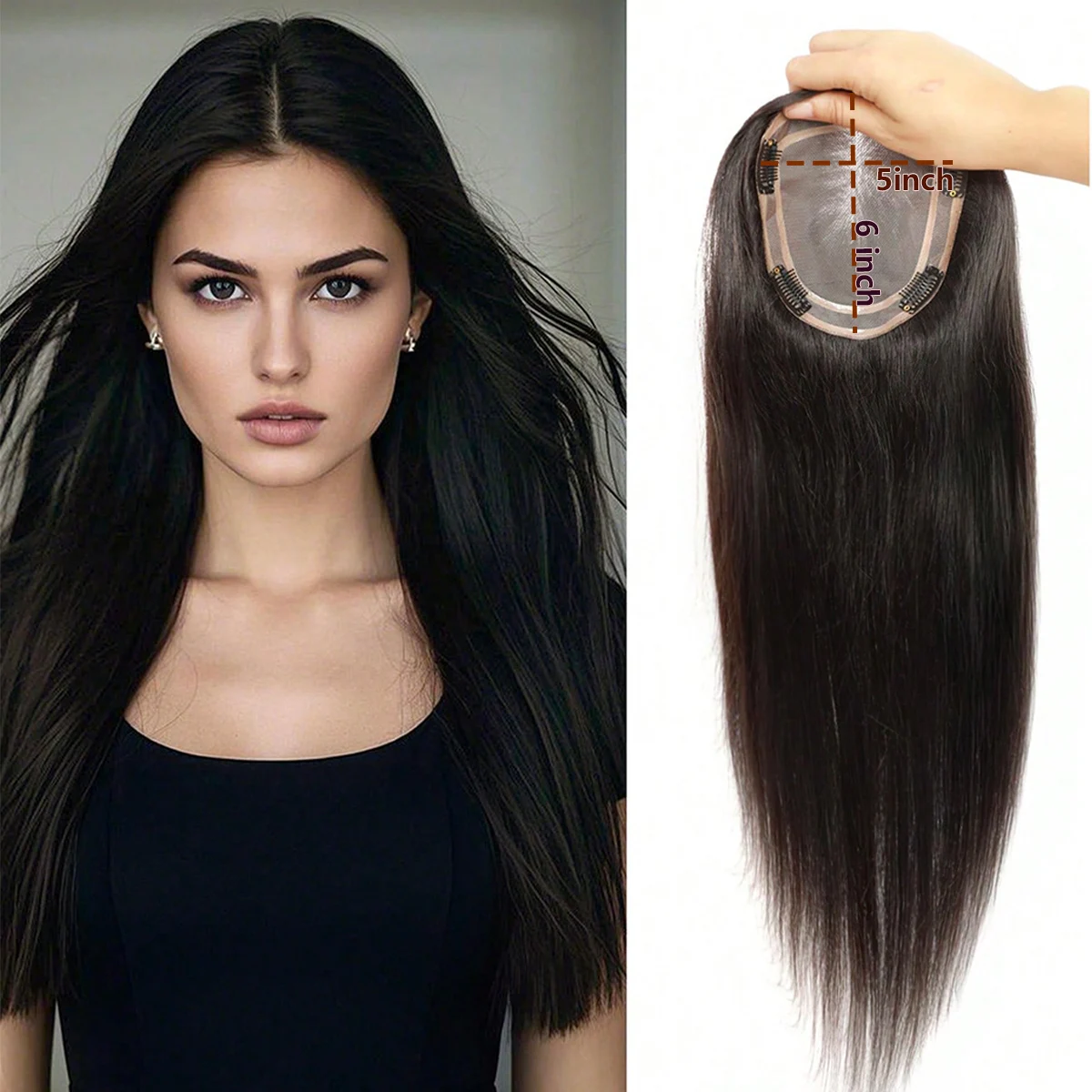 100% Real Human Hair Toppers for Women Clip in Hairpieces Breathable 5"x 6" Big Mono Base for Covering Greyish Thinning Hair