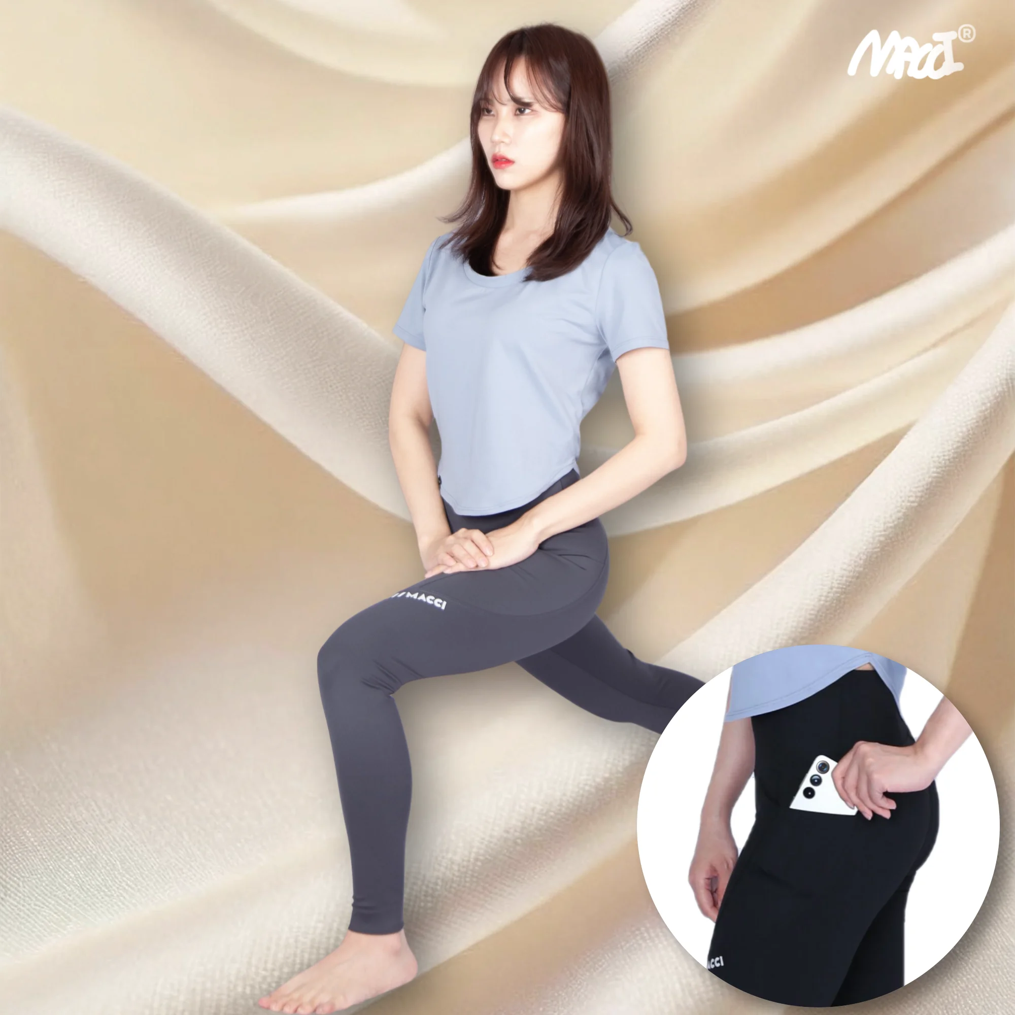 [macci] 마찌 9부 레깅스 하이웨스트 노Y존 심리스 포켓 힙업 레깅스 한국