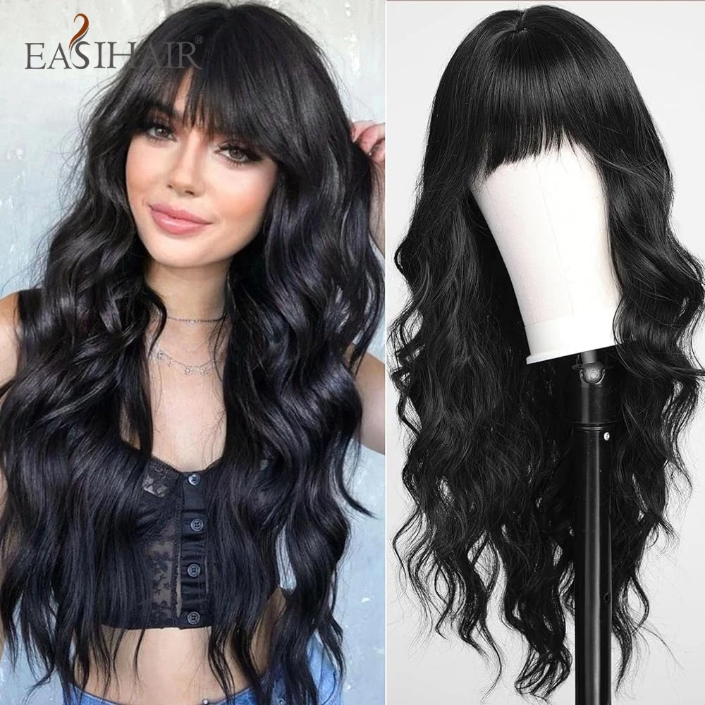 EASIHAIR Natural Black Long Body Wave Synthetic Women Wigs with Bangs Daily Cosplay Afro Brazilian Women Hair Wig Heat Resistant