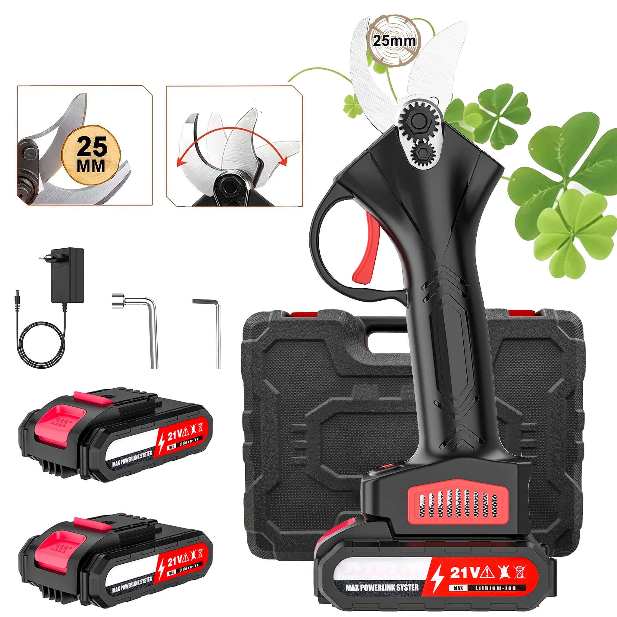 1200W 25mm Borstelloze Draadloze Elektrische Snoeischaar Fruitboom Bonsai Takkenknipper Tuin Gereedschap 2x21V Batterijen