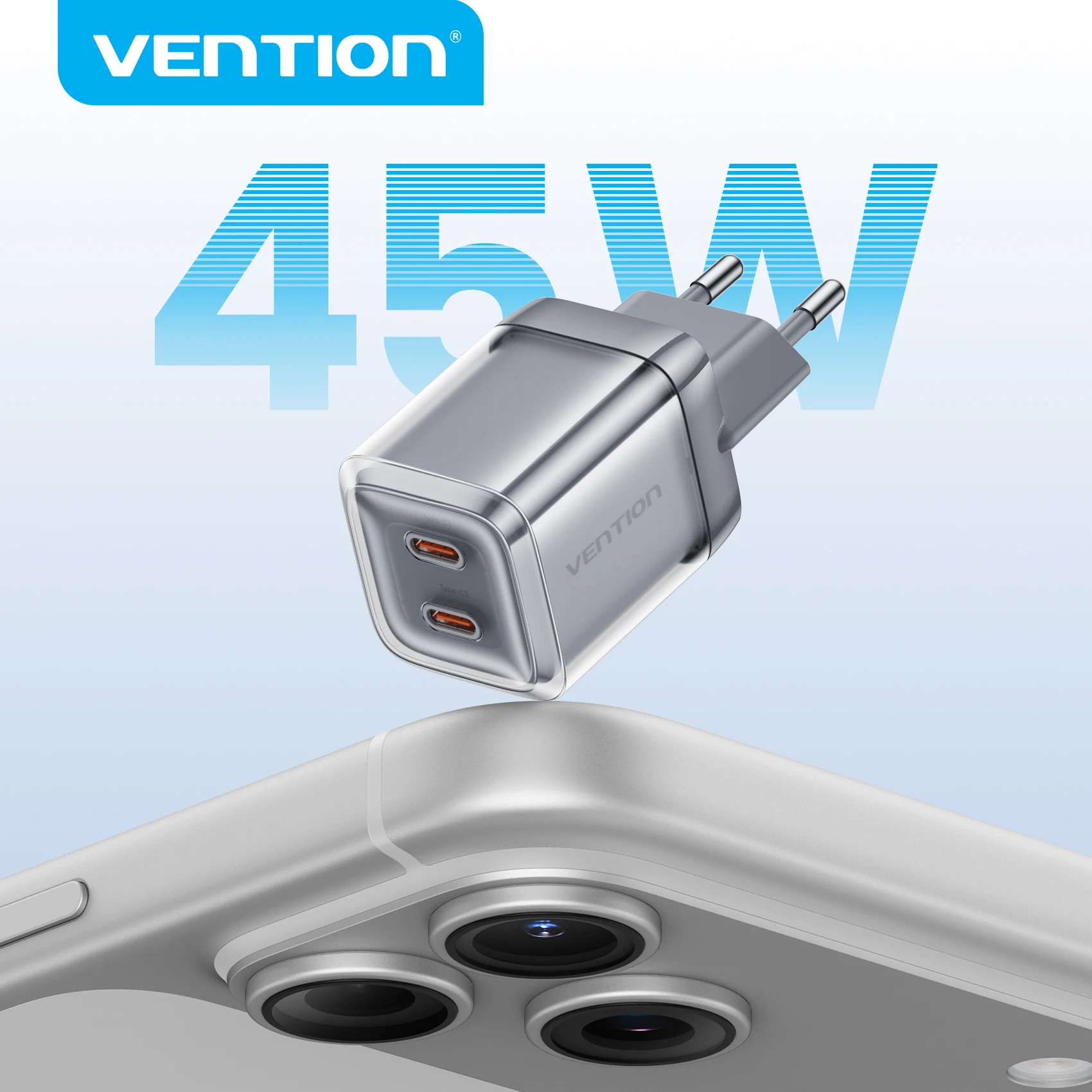 Vention GaN Charger 45W EU/US Plug PD QC3.0 Charge USB-C Charger Fast Charging For iPhone 17 16 15 Pro Max Laptop Phone Charger