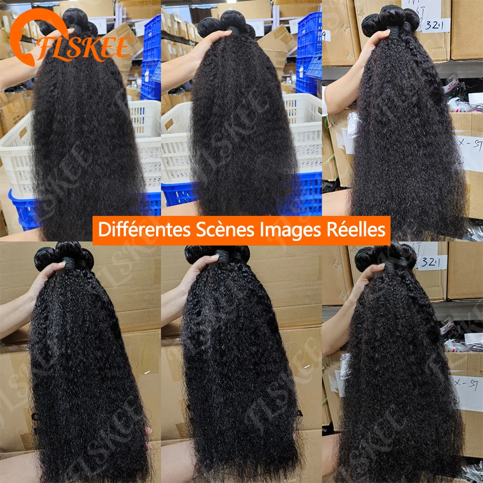 Paquete de 3 trenzas de cabello humano FLSKEE de 30 pulgadas, indio 12A, kinky recto, crudo, yaki recto, doble trama, para trenzar 5