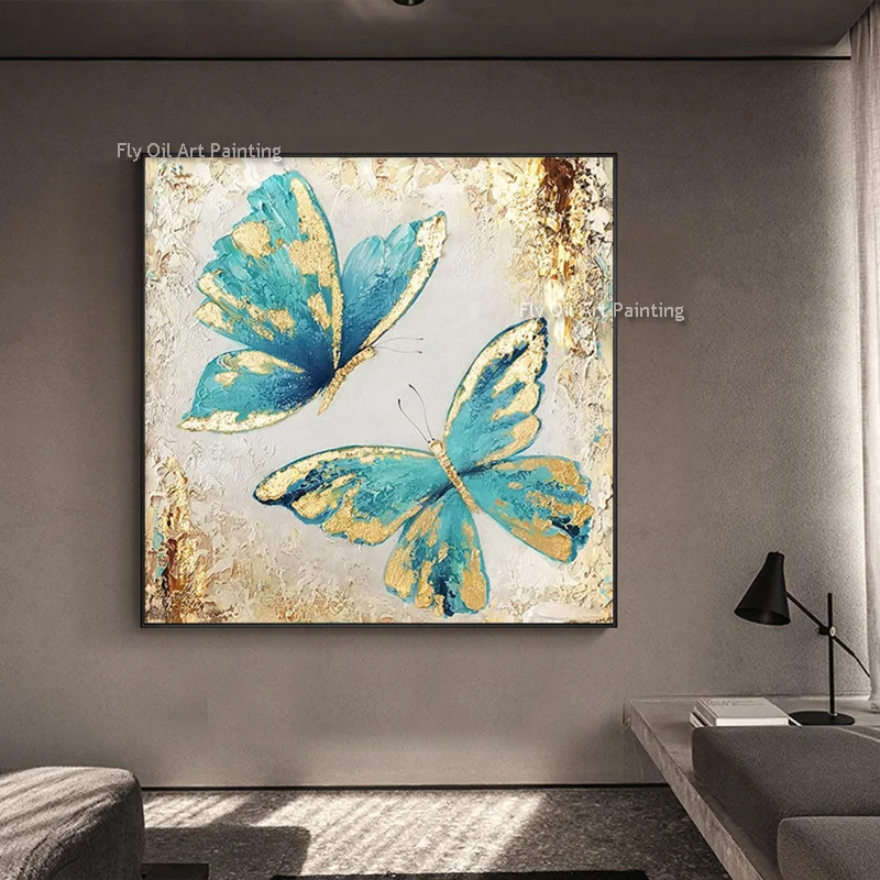 

Blue Butterfly Oil PaintingGold Foil Handmade Large Abstract Butterflies Canvas Modern Textured Animal Painting For Room Decor