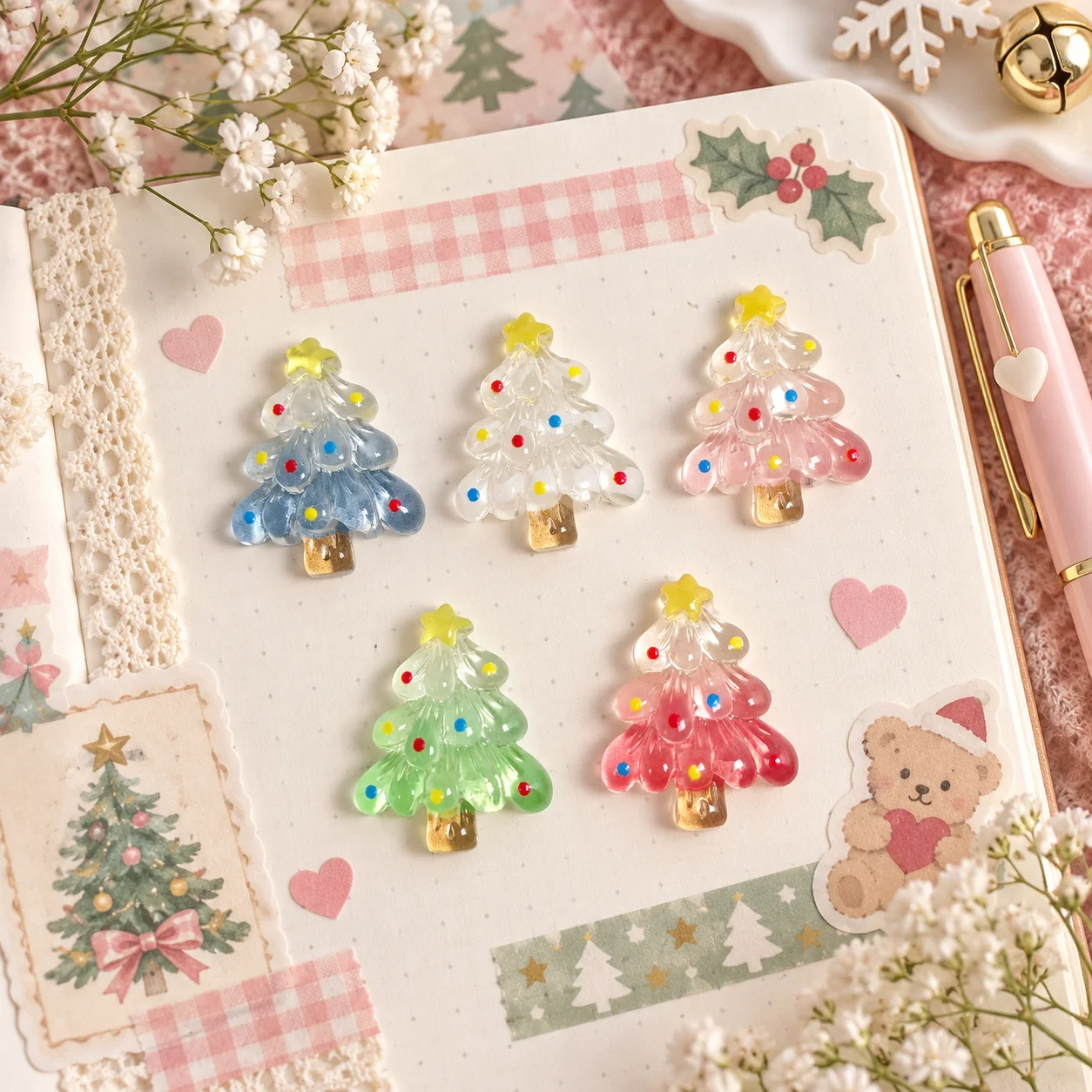 Cute Transparent Christmas Tree Resin Flatback Charms for DIY Phone Case Hair Clip Scrapbook Holiday Craft Decor