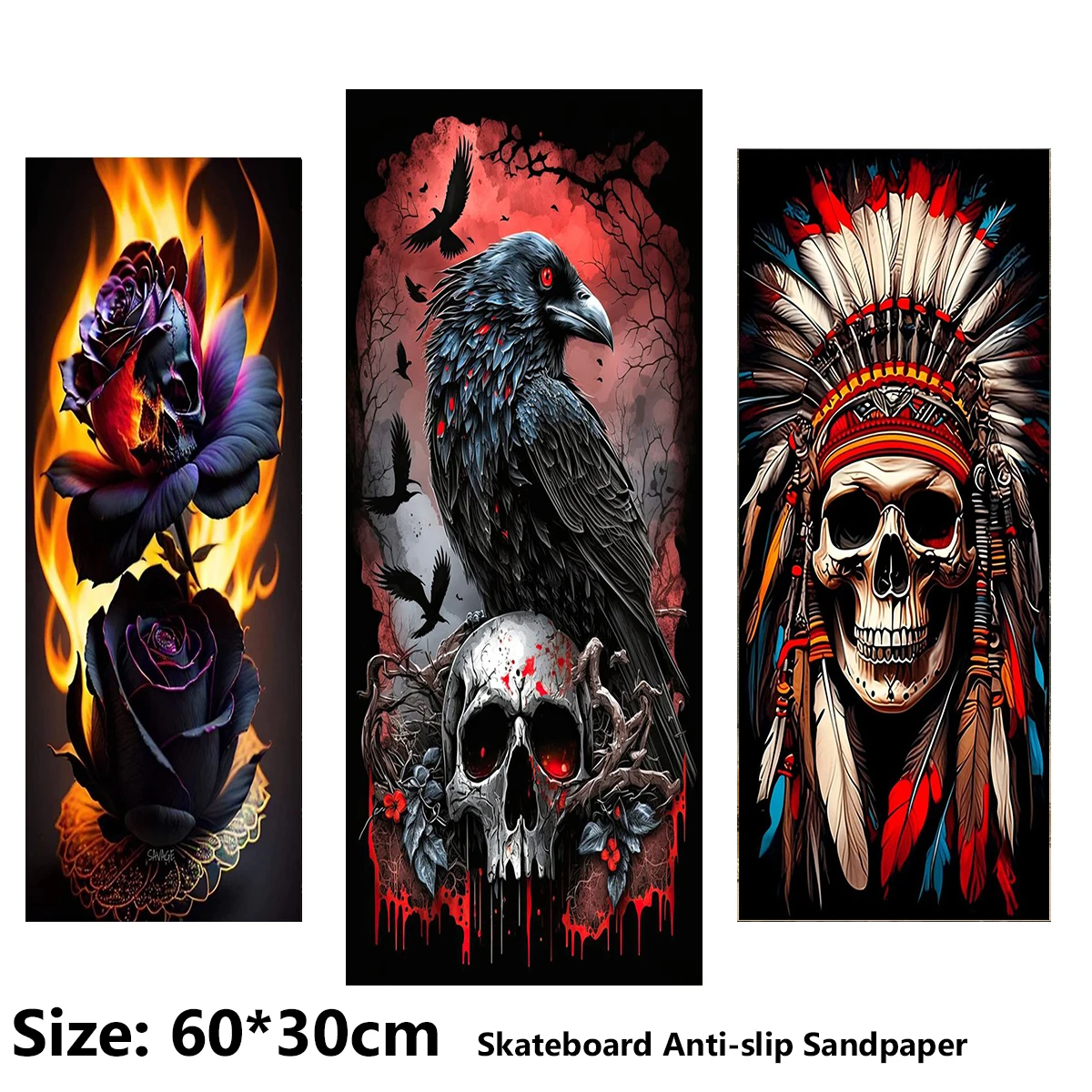 Rose Skull Vulture Pattern Electric Scooter Anti-slip Sticker Sandpaper Skateboard Grip Tape Sheet 60*30cm