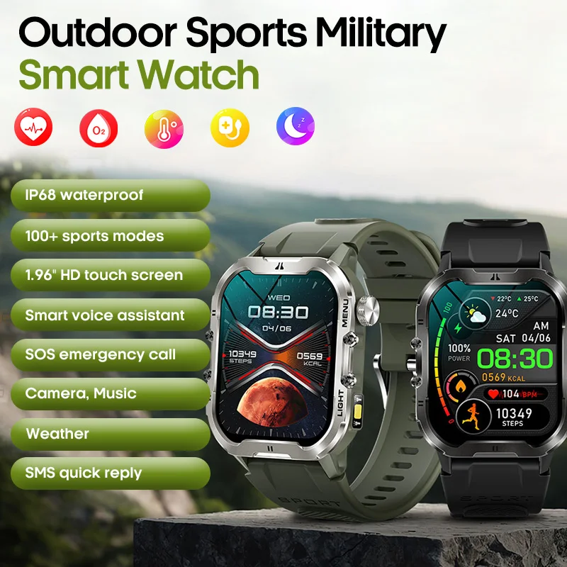 

2025 New Heart Rate Blood Pressure SpO2 Sleep Monitor Men Military Smart Watch with SMS Quick Reply 100+ Sports IP68 Waterproof