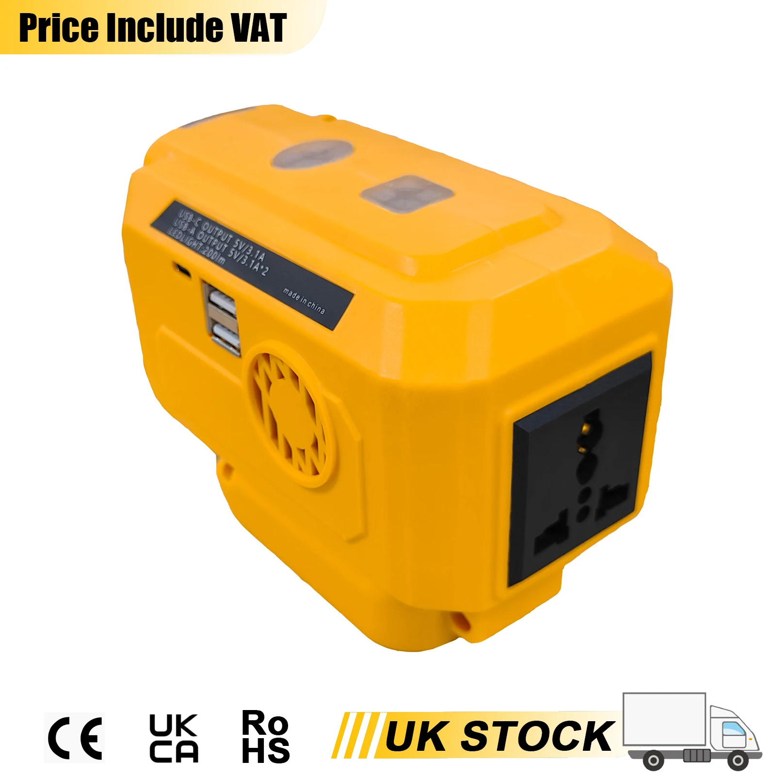 200-W-Wechselrichter, passend für DeWalt Ecosystem – Konvertieren Sie 18/20-V-Batterien in 230-V-AC + Dual-USB + Typ-C-Anschlüsse und 200-LM-Notlicht