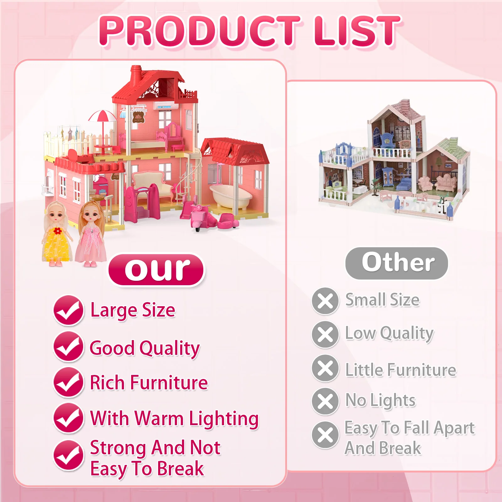 Lindo juego de casa de muñecas rosa para niñas, juguetes de castillo de lujo con muñecas, muebles, casa de juegos de juguete de princesa para niños, Festival infantil P