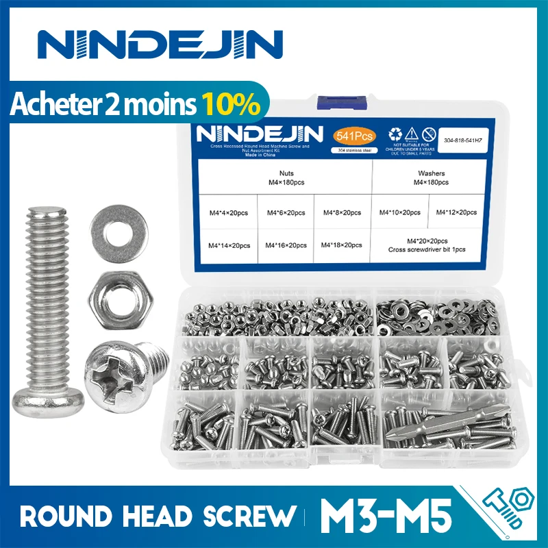 NINDEJIN 541/721 pièces Kit d'assortiment de vis à tête ronde croisée M3 M4 M5 jeu de vis à métaux Phillips avec rondelle d'écrou en acier inoxydable