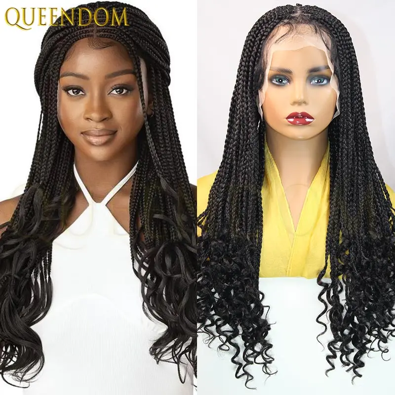 

24 Inch Goddess Box Full Lace Synthetic Wig with Curly Ends Ombre Blonde Cornrow Box Braids Wig Faux Locs Braided Wigs for Women