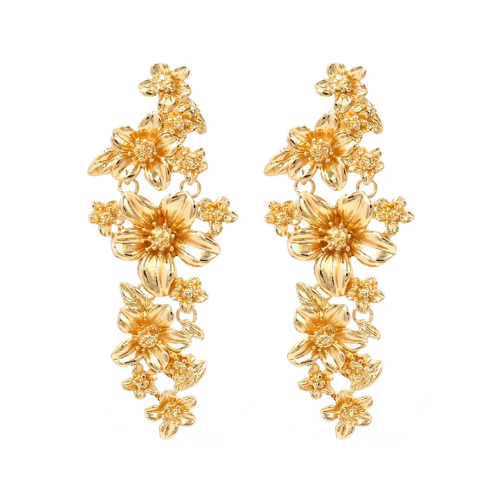 

Wedding Jewelry Bridesmaid Accessories Gold Color Metal Long Heavy Hawaiian Floral Blossom Flower Statement Earrings for Women